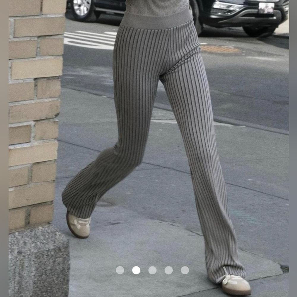 Zara FLARED RIBBED PANTS Gray Marl SMALL